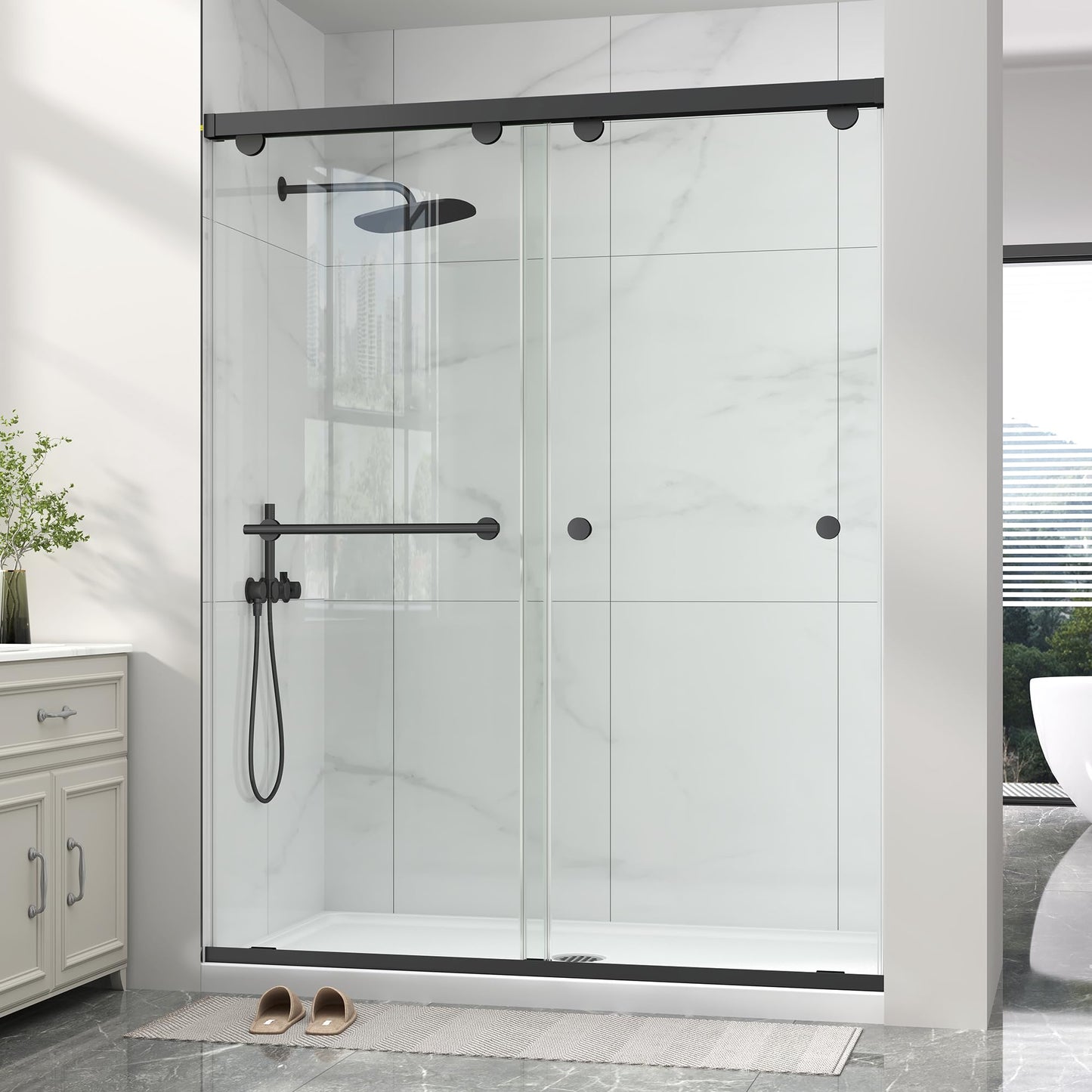Frameless Shower Door with Soft-Close & Anti-Leak,5/16" (8mm) Double Sliding Shower Door,Nano Coating Anti-Explosion Film SGCC Tempered Glass 55"- 60" W x 76" H,Matte Black