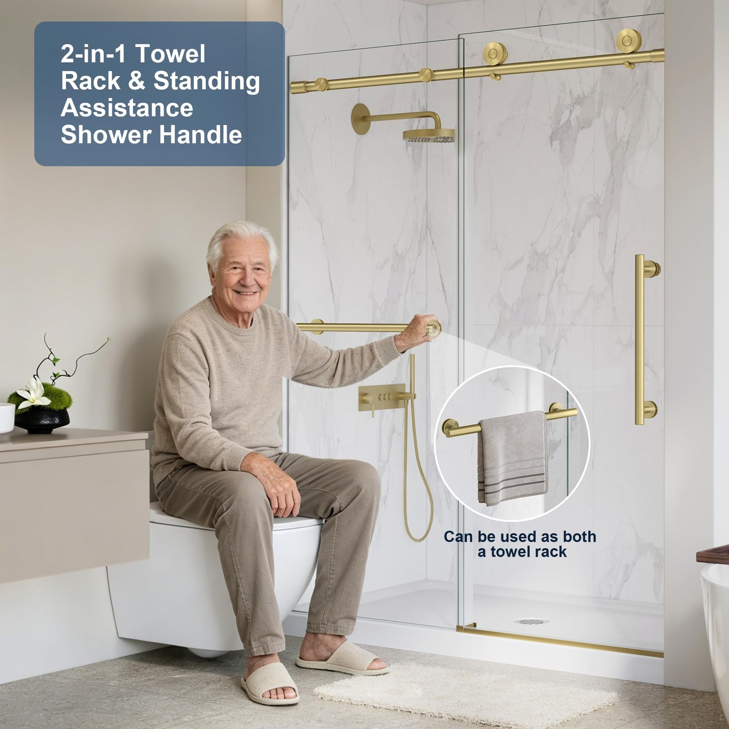 Frameless Shower Door,5/16" (8mm) Glass Sliding Shower Door with Soft-Close & Anti-Leak,Nano Coating Anti-Explosion Film SGCC Tempered Glass 55"-60" X 76"H,Brushed Gold