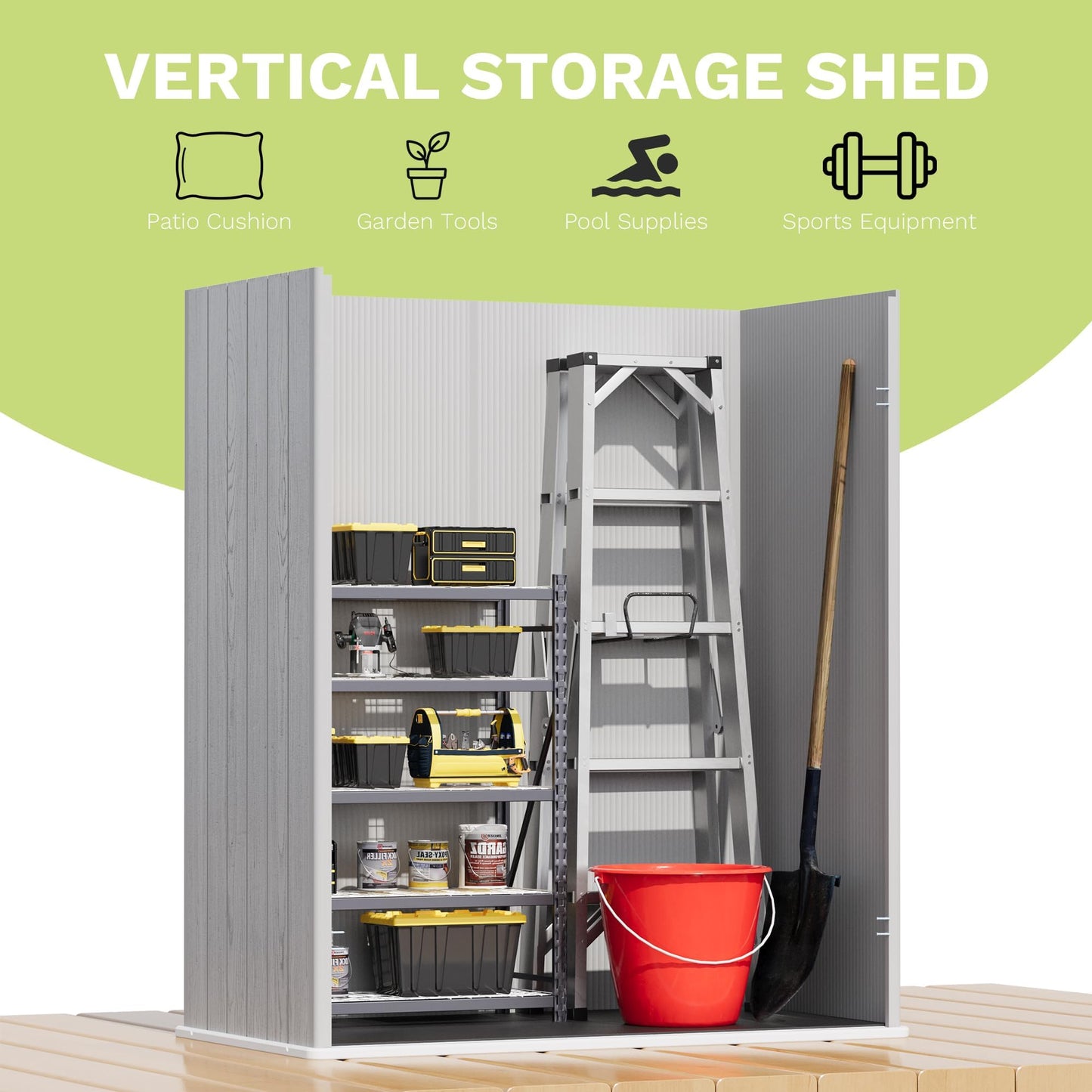 Devoko 5x3 FT Resin Storage Shed with Floor, Plastic Outdoor Storage Cabinet with Lockable Door, Waterproof Vertical Tool Small Shed for Patio Garden Backyard, Light Gray