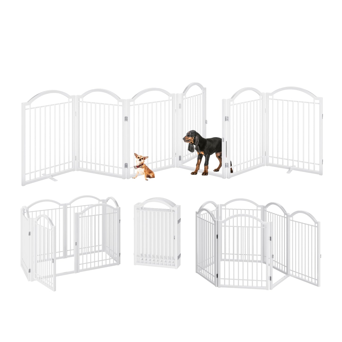 BHG Metal No-Assembly Freestanding Dog Gate with Door Walk Through, Extra Wide 144", Extra Tall 32" Pet Gate, Accordion Puppy Folding Playpen Dog Fence, with 2PCS Support (White, 6 panesl)