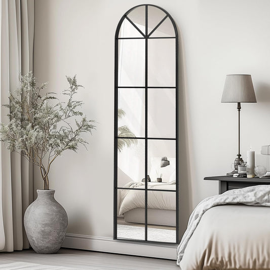 Muzilife Arched Full Length Window Mirror, 16x56 Windowpane Body Mirror with Metal Frame, Wall Mounted Hanging or Leaning for Door， Bedroom, Living Room, Black, No Stand, Upgraded