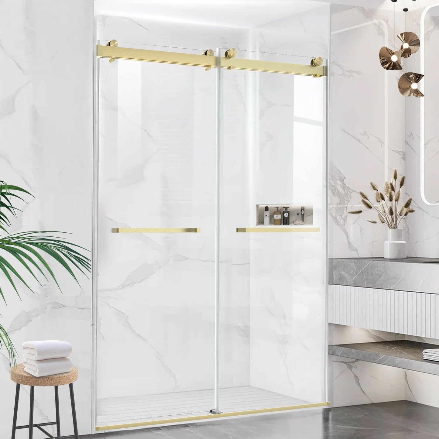 AquivaCoast Frameless Shower Door, 56-60 in W x 76 in H, Soft-Close Double Sliding Shower Door, 5/16" (8mm) Clear Tempered Glass with Double Rollers, Brushed Gold