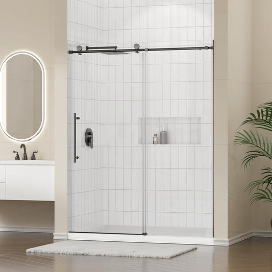 Frameless Sliding Shower Door 56-60 in W x 74 in H, Stainless Steel Frameless Shower Door with 5/16" (8mm) Clear Tempered Glass,Explosion-Proof Film, Silent Soft-Close Design,Matte Black