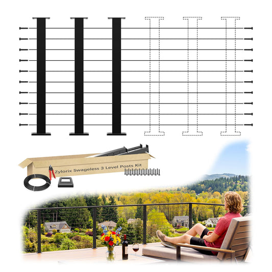 Zylorix Modular Swageless 8-20FT Complete Set 36" Cable Railing Post Kit, 3Pack Black Level Drilled Line Posts(35"x2"x2"), Patent Reusable Deck Cable Railing System Kit, 1/10" Wire Rope(No Handrail)