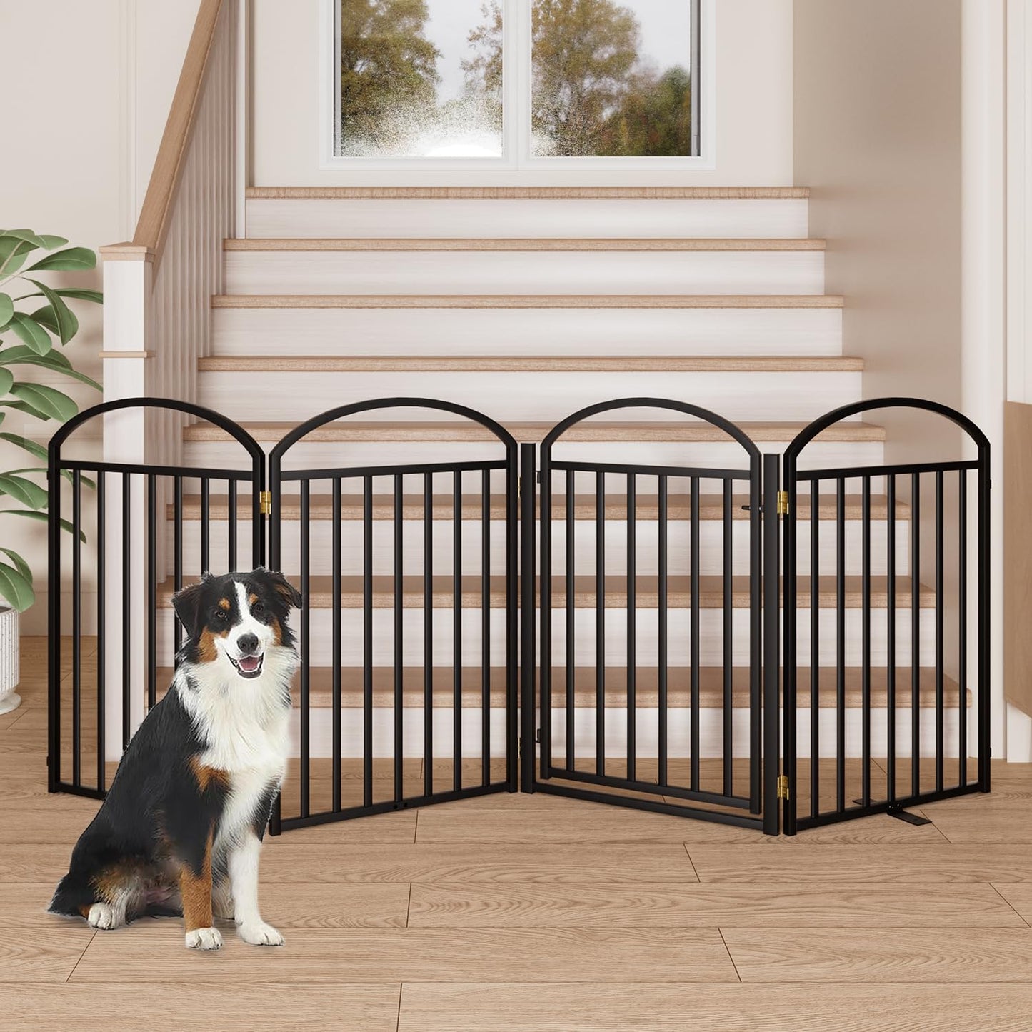 SNUOWU 4 Panels Full Matel Freestanding Dog Gates with Door, 96"Extra Wide 32"Tall Free Standing Dog Pet Gate for Indoor & Outdoor. Foldable Pet Fences for Doorways, House, Stairs, Porch, Deck, Yard