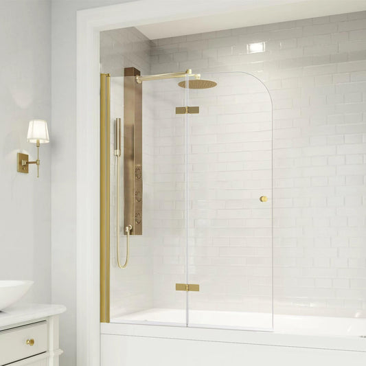 Bathroom Frameless Hinged Foldable Tub Door, Shower Glass Door 43 * 58” Shower Screen Panel with Tempered Glass (6mm), Fixed Clamps Included, Brushed Gold
