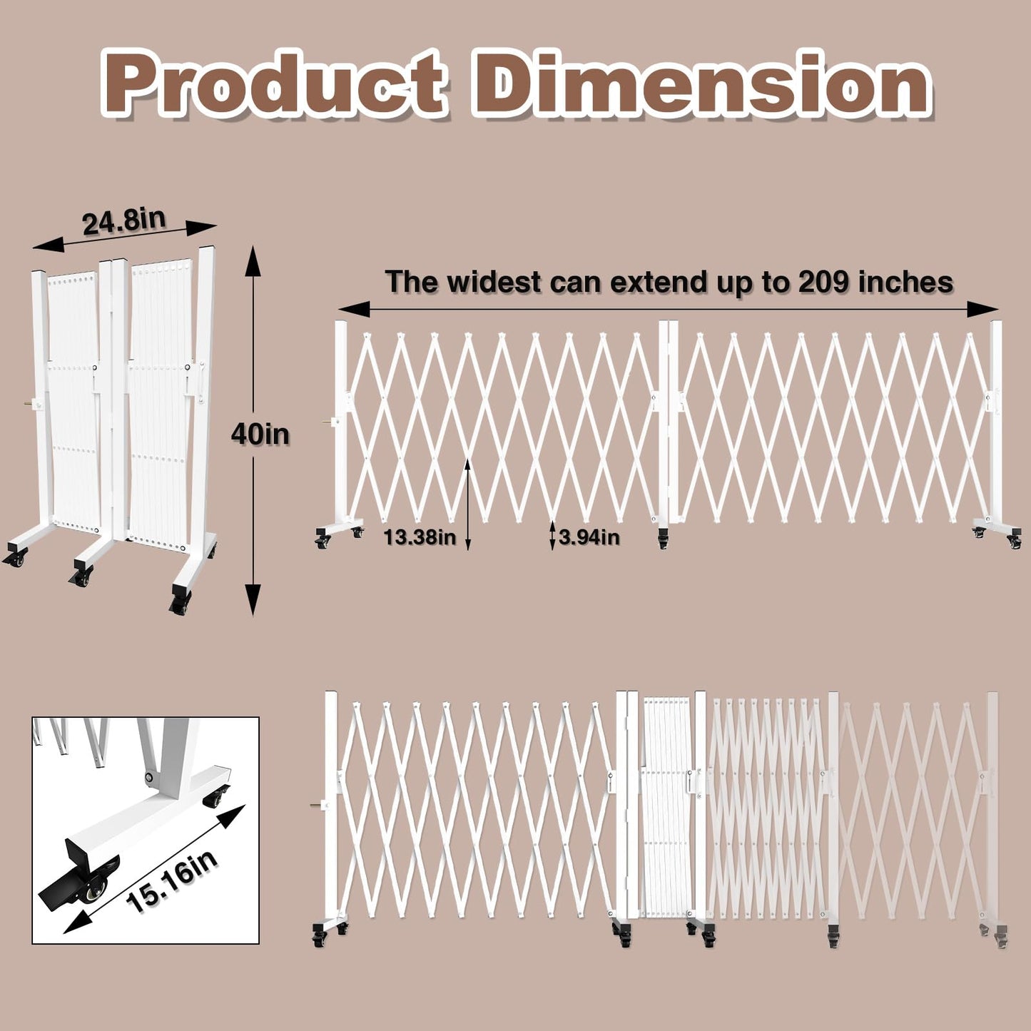 Retractable Outdoor Dog Gate, 207'' Wide Driveway Gate Expandable Portable Fence, Two-Segment 0-180 Degrees Rotatable Design Yard Garden Fence, Metal Safety Barrier Gates (White, 39.76 * 213)