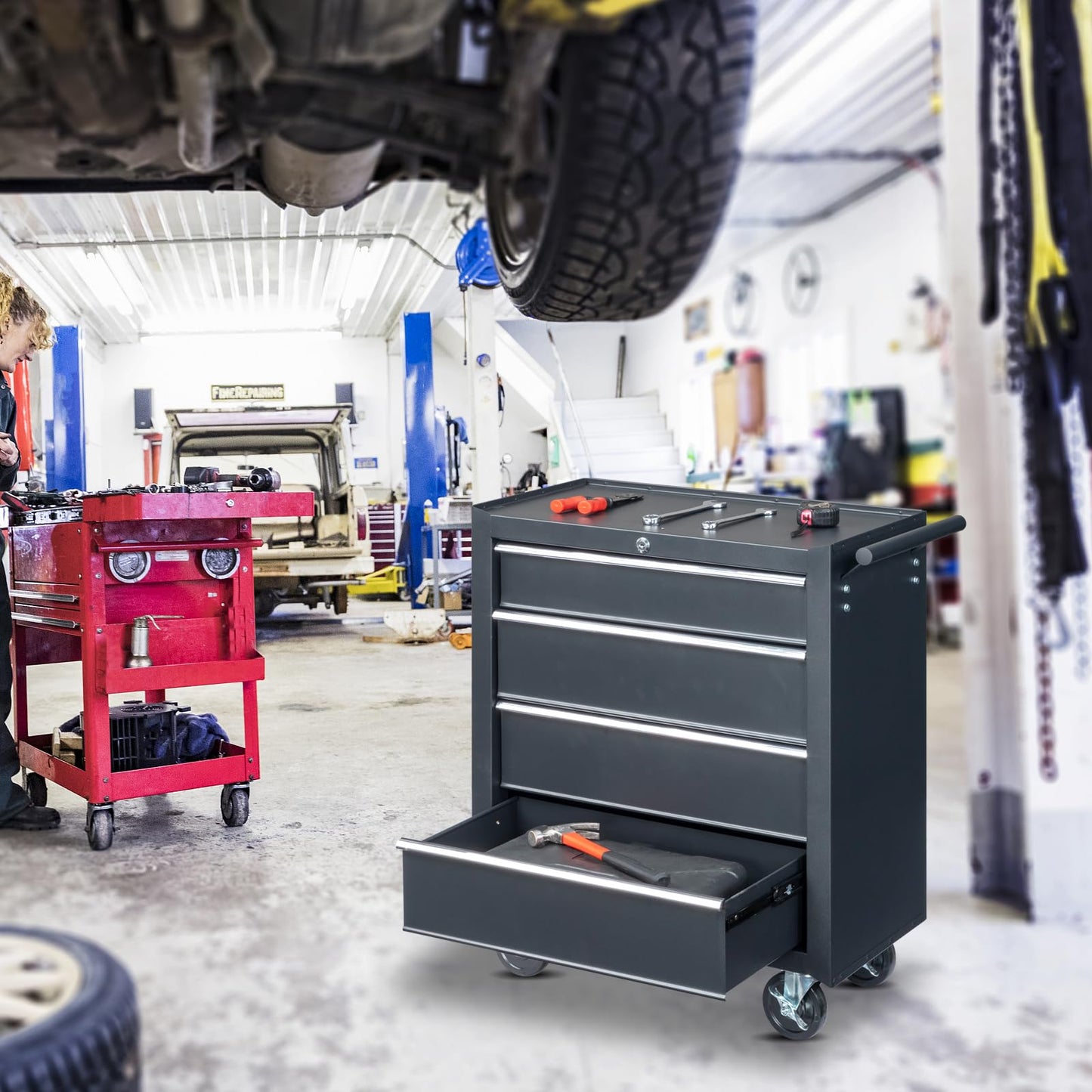 Winado 4-Drawer Tool Chest with Wheels & Lock & Key, Heavy Duty Cart Rolling Tool Box on Wheels, Metal Storage Cabinet, Rolling Tool Cart with Drawers for Garage, Warehouse & Repair Shop