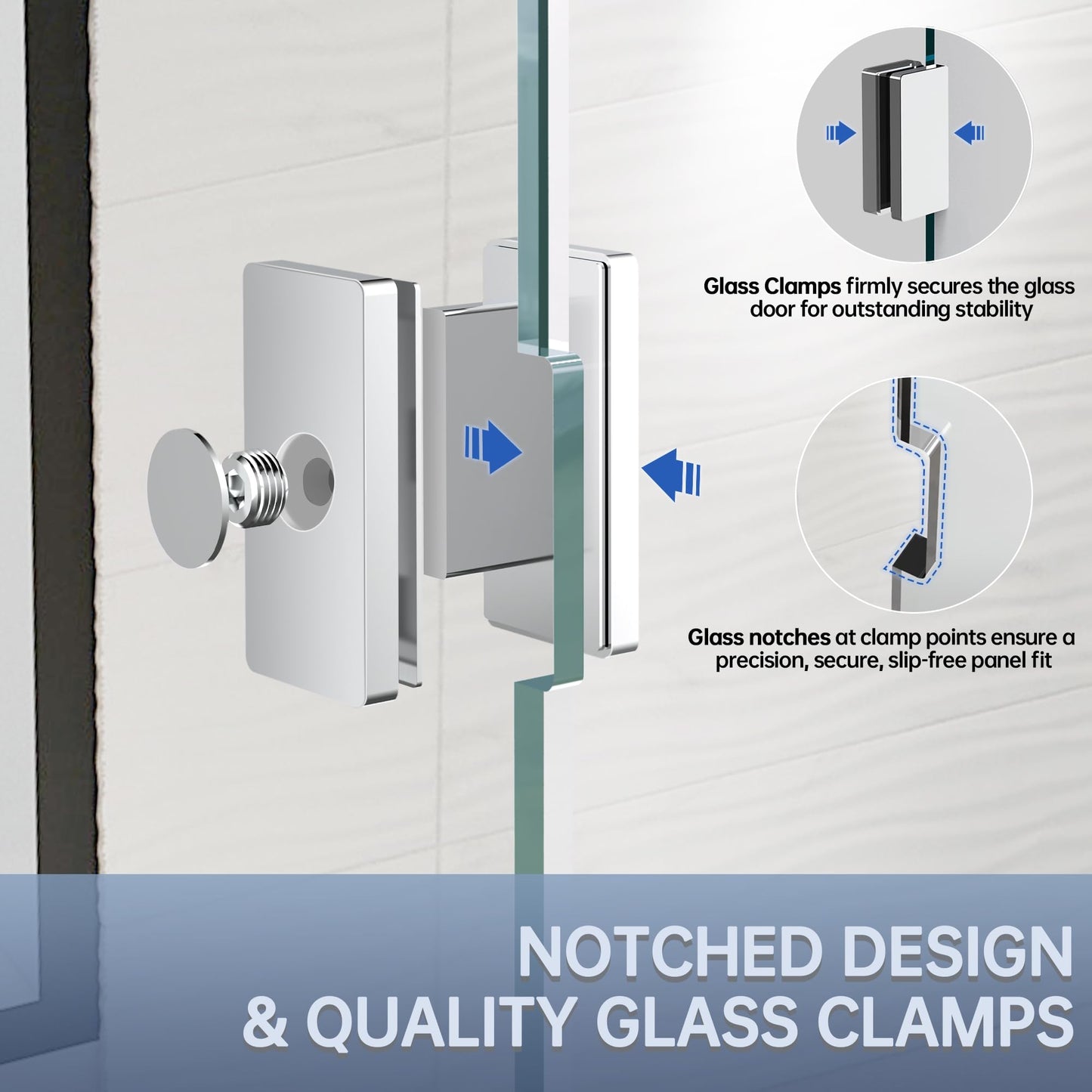AquivaCoast 36" x 78.75" Shower Glass Panel, 3/8" (10mm) Ultra-Clear Tempered Glass with Explosion-Proof Film Shower Screen, Includes Wall Clamps, Chrome