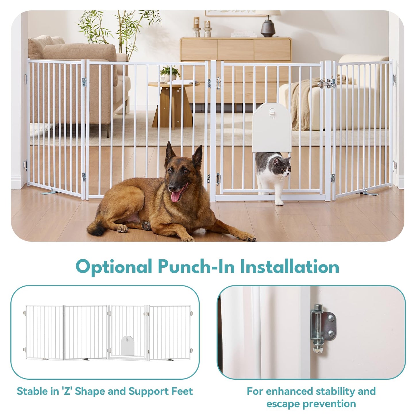 No Pawblems Free Standing Dog Gate with Cat Door, 30'' Tall Foldable Dog Fence for Indoor & Outdoor, Up to 156 Inch Extra Wide Puppy Gate for Stairs, Hallways, Doorways, Deck, Yard (White, 6 Panels)