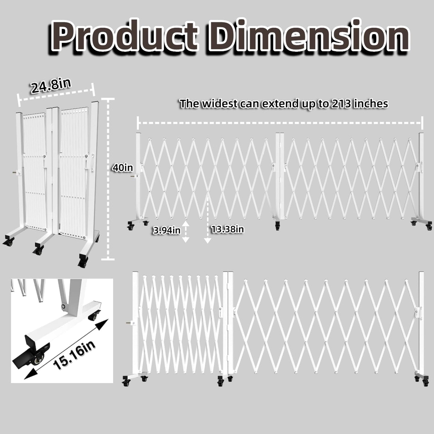 TSAYAWA Retractable Fence Outdoor, 213" Wide Expandable Driveway Gate for Dogs, Aluminum Portable Retractable Barricade for Garage, 18 Feet Expanding Security Gate with Casters, Rotatable, White
