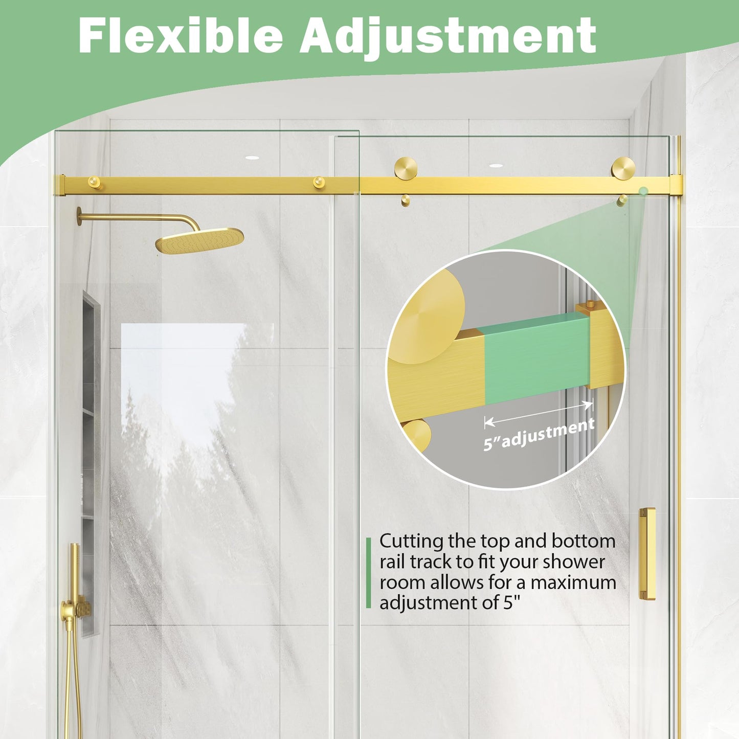 KPUY Frameless Shower Door, 49-54" W x 76" H Sliding Shower Glass Door, 1/4" (6mm) Thick Tempered Clear Glass with Explosion-Proof Film Nano Coating in Brushed Gold Finish