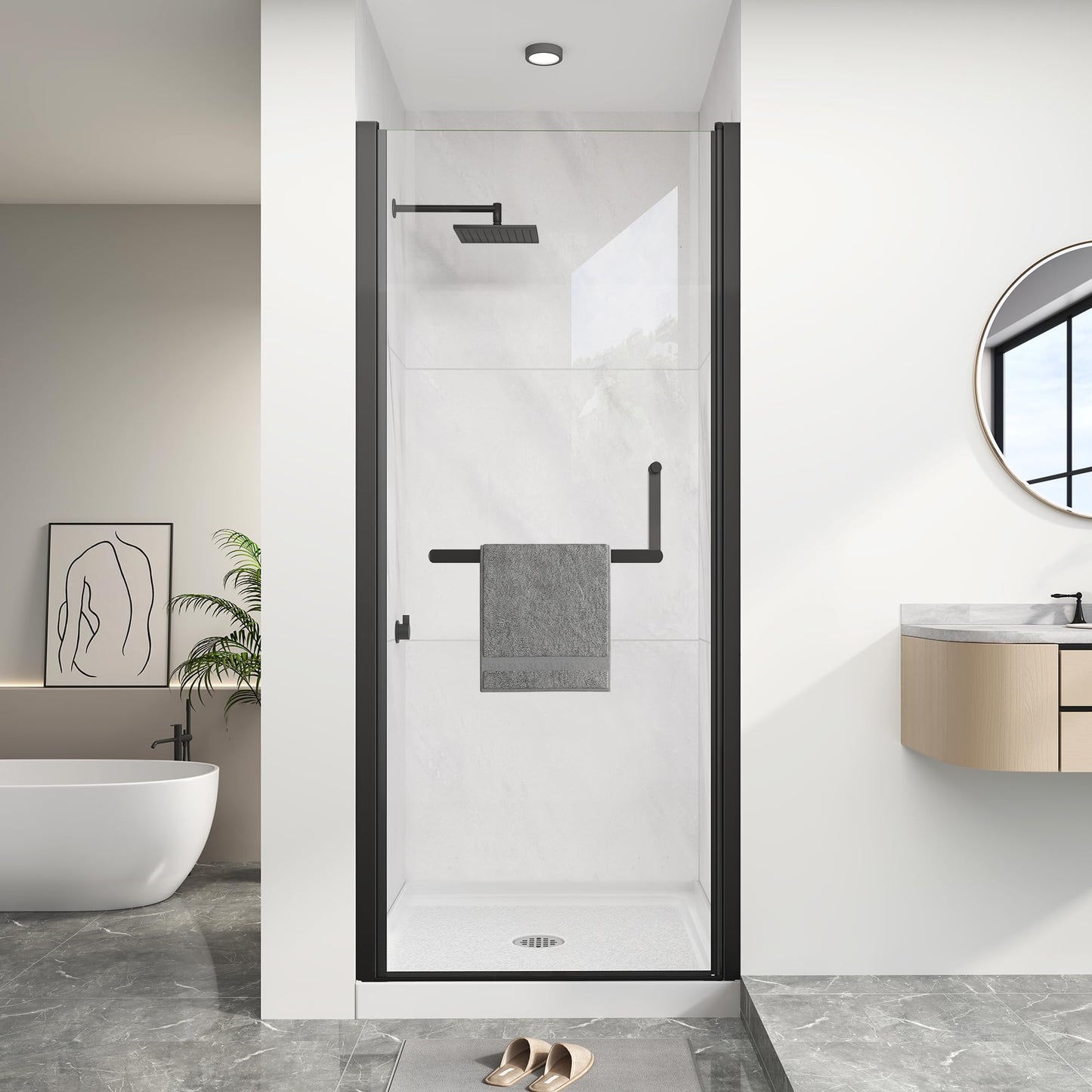 KPUY Pivot Shower Door, 32-34" W x 72" H Frameless Single Swing Glass Shower Door with Explosion-Proof Film Nano Coating, 1/4" (6mm) Thick Tempered Clear Glass, Matte Black