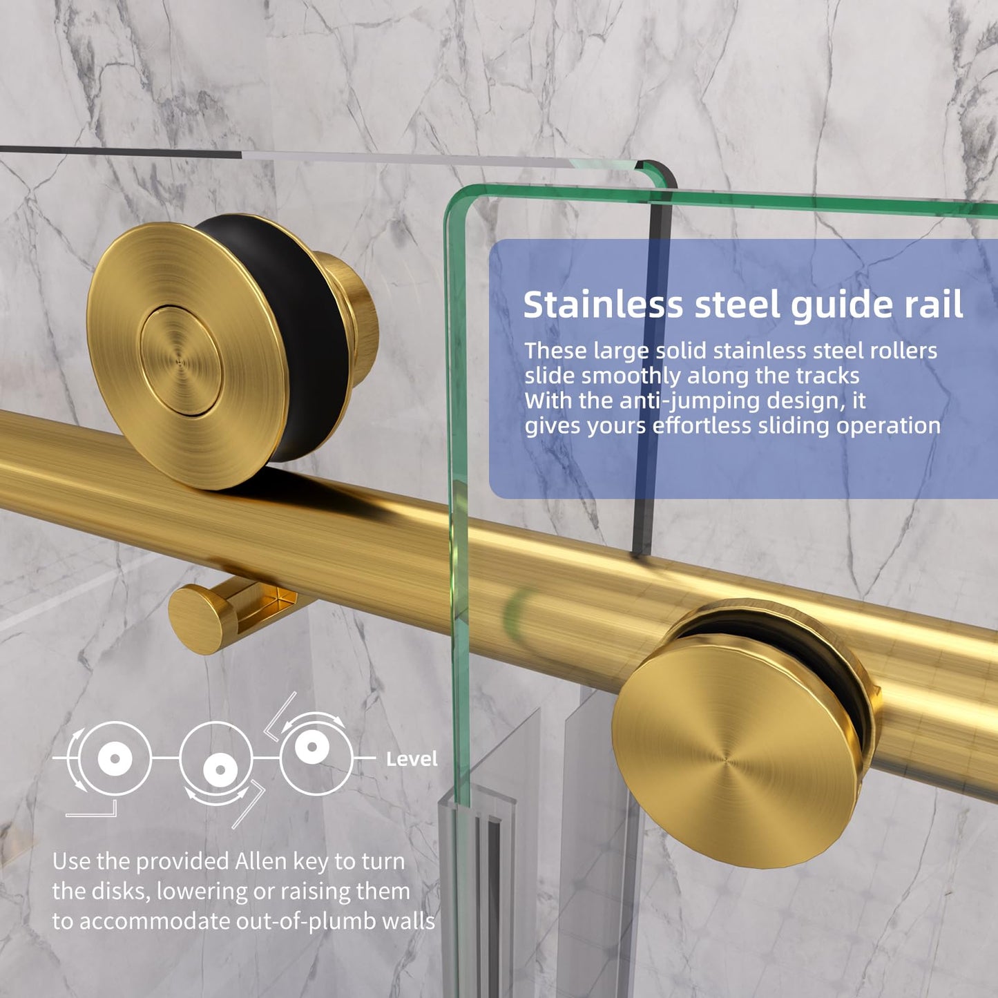 Shower Door,56-60" W x 74" H Frameless Single Sliding Shower Doors with Soft Close System,5/16" (8mm) Clear Tempered Glass with Nano Coating,Stainless Steel Hardware,Brushed Gold