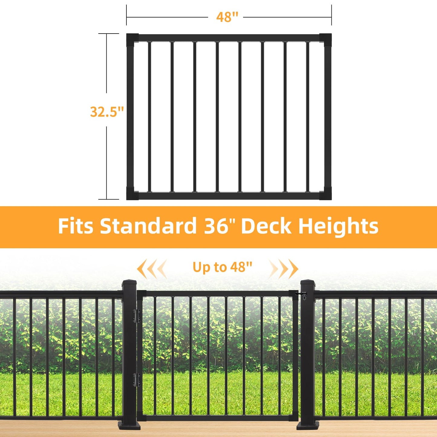 SunCrafts Deck Fence Gate Outdoor, 32''H Gate for 36''H Deck, Black Heavy Duty Steel Anti-Rust Door with Customizable Width (Up to 48"), Metal Gate for Residential, Yard, Patio(No Hinge)