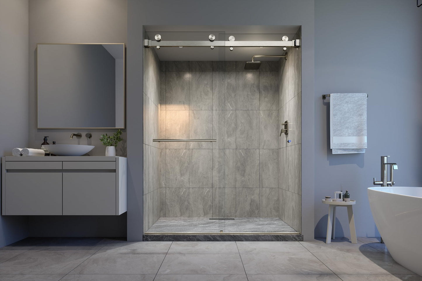 Eurotech Showers VITRA-200 56.5-59" W x 78" H Twinglide Frameless Shower Door w/ 3/8" Clear Tempered Glass (Brushed Nickel)