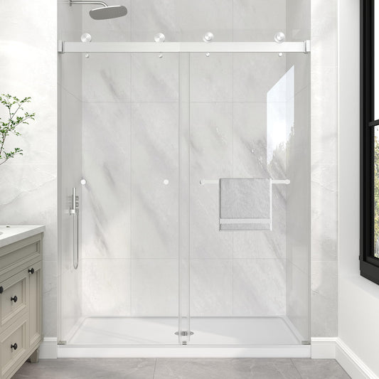 KPUY Frameless Shower Door, 49-54" W x 76" H Double Sliding Glass Shower Door, 1/4" (6mm) Thick Tempered Clear Glass with Explosion-Proof Film Nano Coating, Brushed Nickel