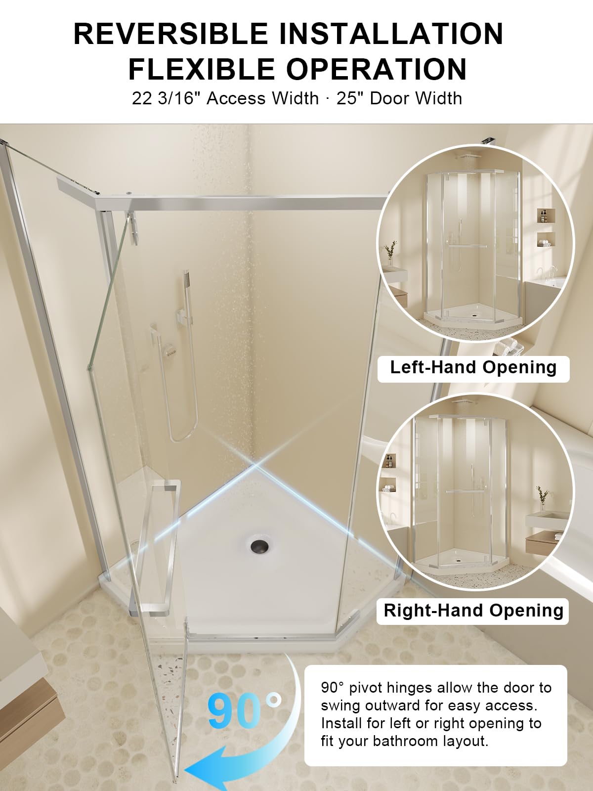 Neo-Angle Corner Shower Door 36" W x 72" H, Frameless Pivot Shower Door for Corner Shower Enclosure, 1/4" SGCC Clear Tempered Glass with Safety Film, Chrome, Base Not Included