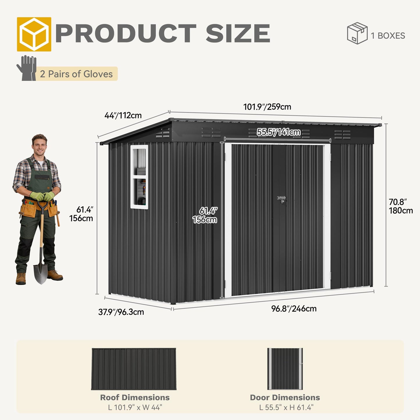 DWVO 9x4ft Large Tool Storage Shed with Window, Lockable Doors, and Sloped Roof, Oversized Steel Outdoor Storage Shed for Garden, Patio, Garage, Backyard, Lawn - Dark Gray