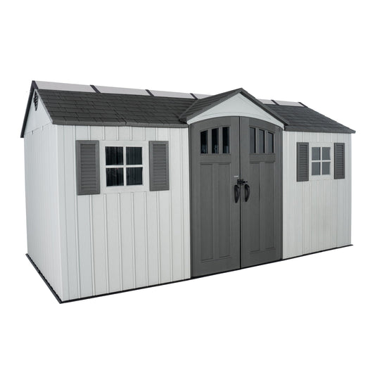 Lifetime Outdoor Storage Shed, 15x8 Ft, Gray, Resin Backyard Tool Shed with Lockable Doors and Weather-Resistant Panels