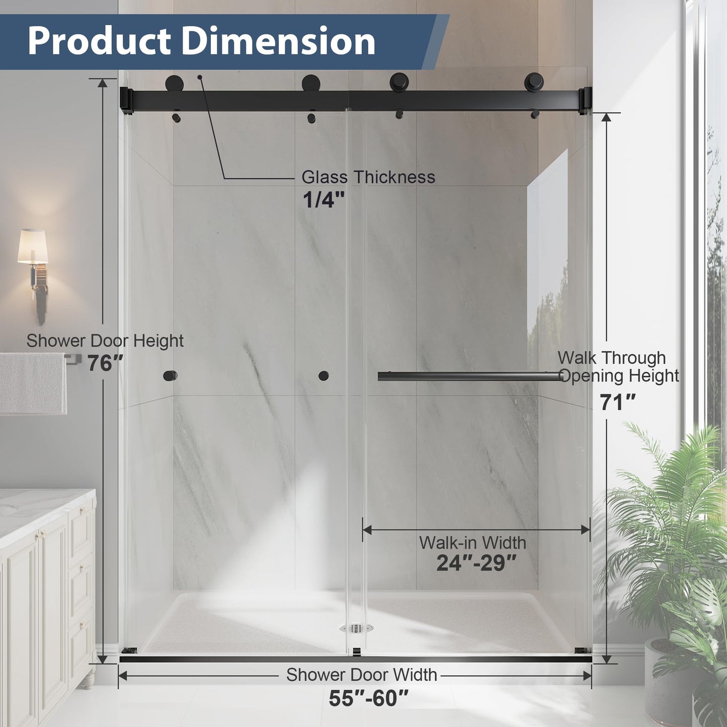 EASYWORC Frameless Double Sliding Shower Doors, 55-60" W x 76" H, 1/4" (6mm) Thick ANSI Certified Tempered Glass with Explosion-Proof Film and Nano Coating Shower Glass Door, Matte Black