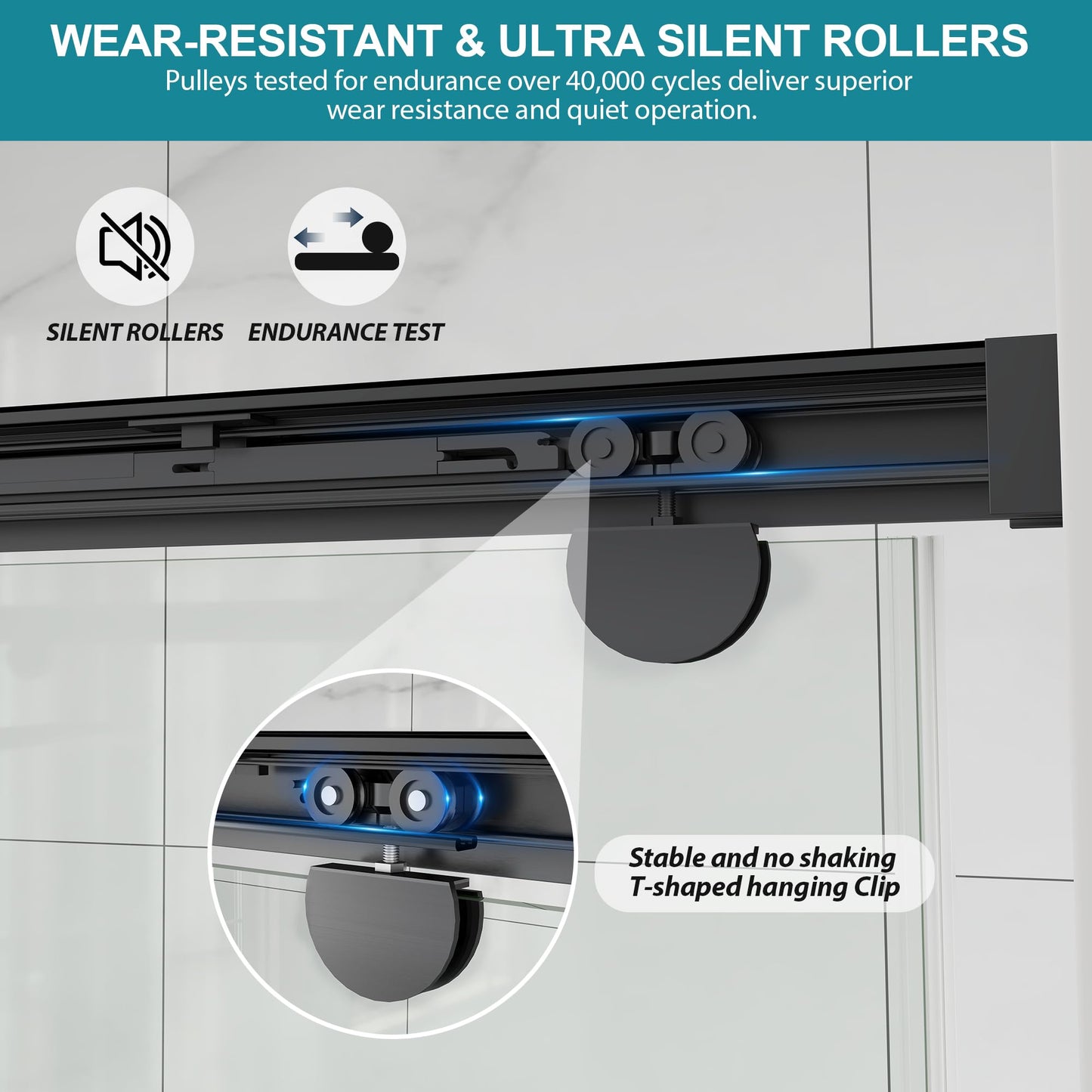 Frameless Shower Door with Soft-Close & Anti-Leak,5/16" (8mm) Double Sliding Shower Door,Nano Coating Anti-Explosion Film SGCC Tempered Glass 55"- 60" W x 76" H,Matte Black