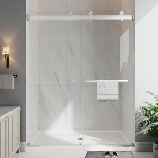EASYWORC Frameless Double Sliding Shower Doors, 55-60" W x 76" H Shower Glass Door, 1/4" (6mm) Thick ANSI Certified Tempered Glass with Explosion-Proof Film and Nano Coating, Brushed Nickle