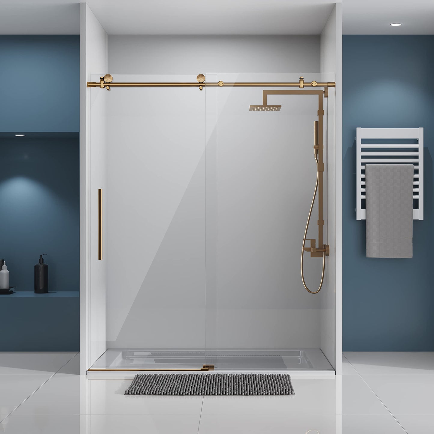 DELAVIN Frameless Shower Door, 56-60" W x 75" H Sliding Glass Shower Door, SGCC Certified Clear Tempered Glass with Explosion-Proof Film, Easy to Clean, Stainless Steel Guide Rail, Gold