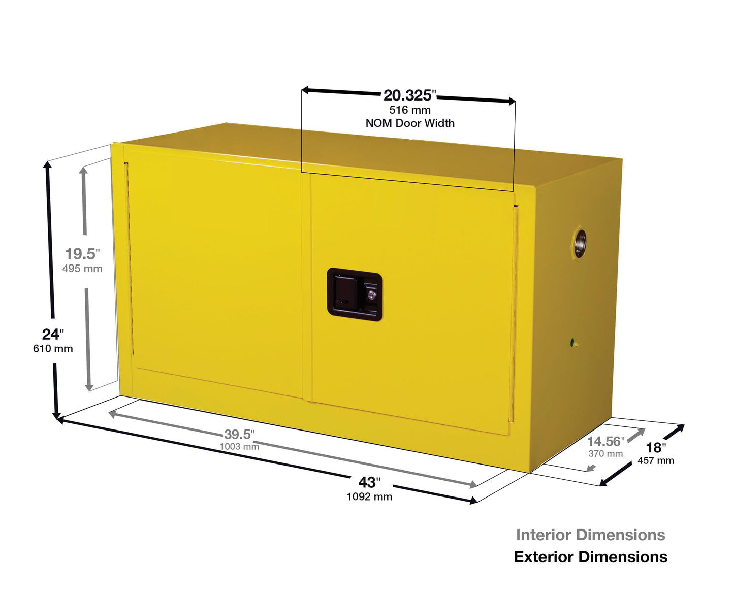 Justrite 17 Gallon Manual Close Piggyback Flammable Storage Cabinet, 18 Gauge Steel, 1 Shelf, 2 Door Fire Cabinet, 24" x 43" x 18", Made in The USA, Yellow, 891700