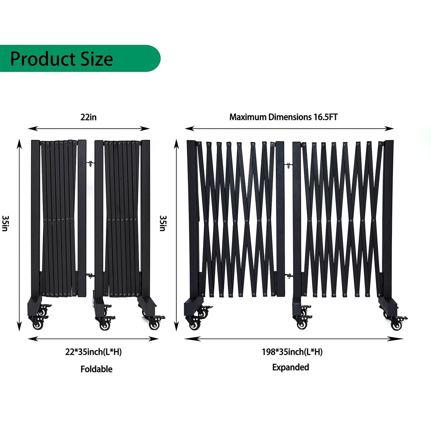 LTSEAME 16.5FT Expandable Barricade Gate, Expandable Metal Barricade Gate Alloy Fence and 270 Degrees Direction Adjustment with Wheels, for Industrial or Residential Use (Black, 16.5FT)
