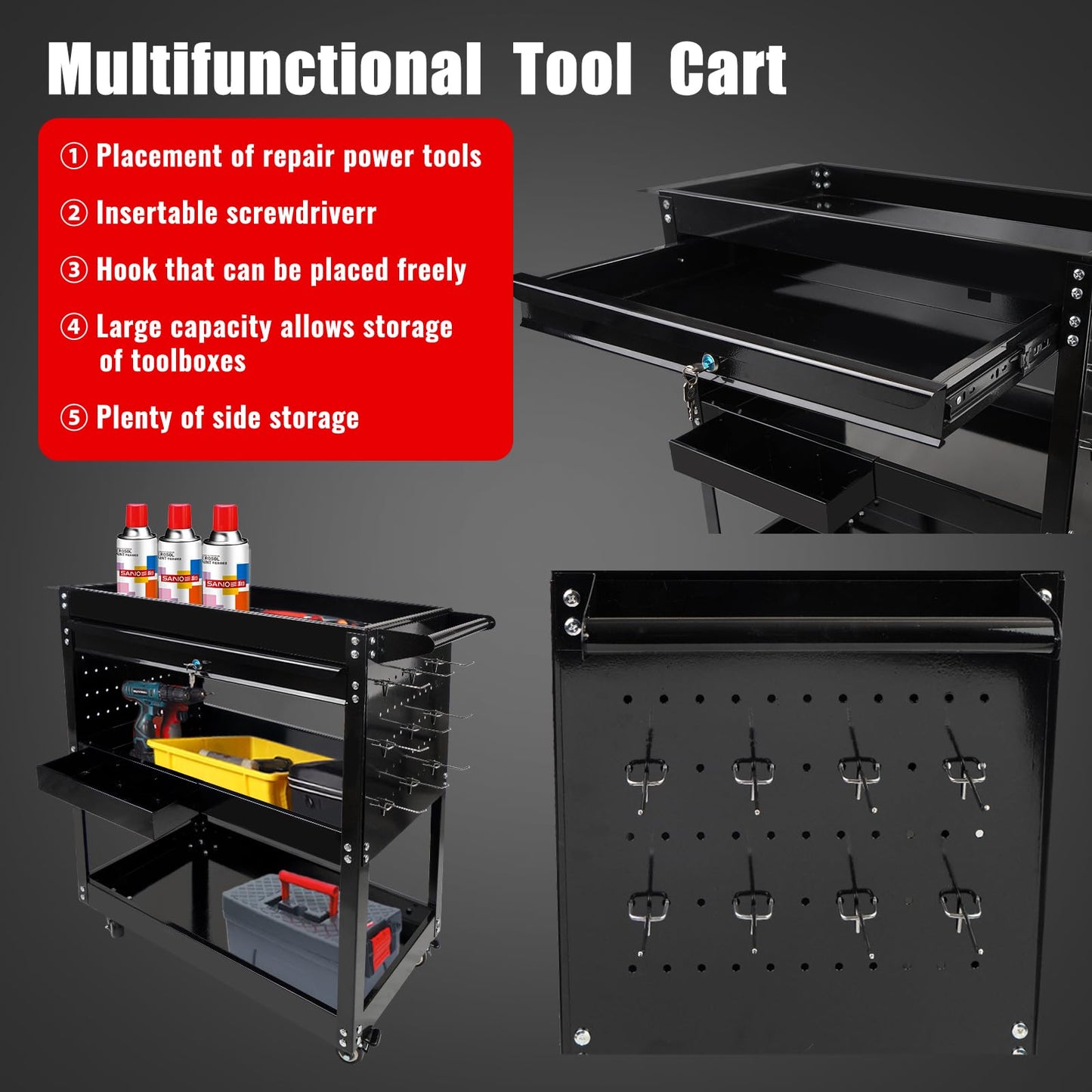 BHB 3 Tier Rolling Tool Cart Box On Wheels with Lockable Drawer, Heavy Duty Capability Tool Cart for Mechanics, Large Storage Organizer Utility Cart, for Garage Warehouse Repair Shop, 350 Lbs Load