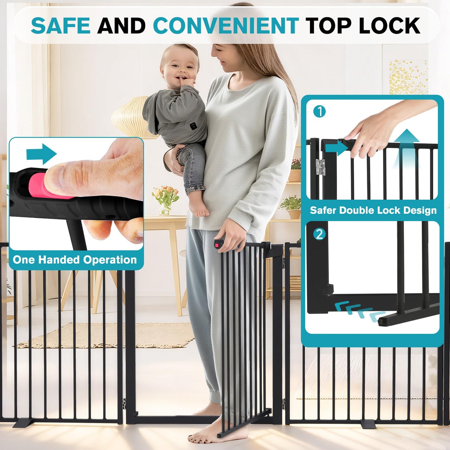 Snagle Paw Extra Wide Dog Gate,Free Standing Dog Fence with Door, Up to 104 Inch Wide Pet Gate with Support Feet for Stairs, Hallways, Doorways, Yard (Black, 4 Panels)