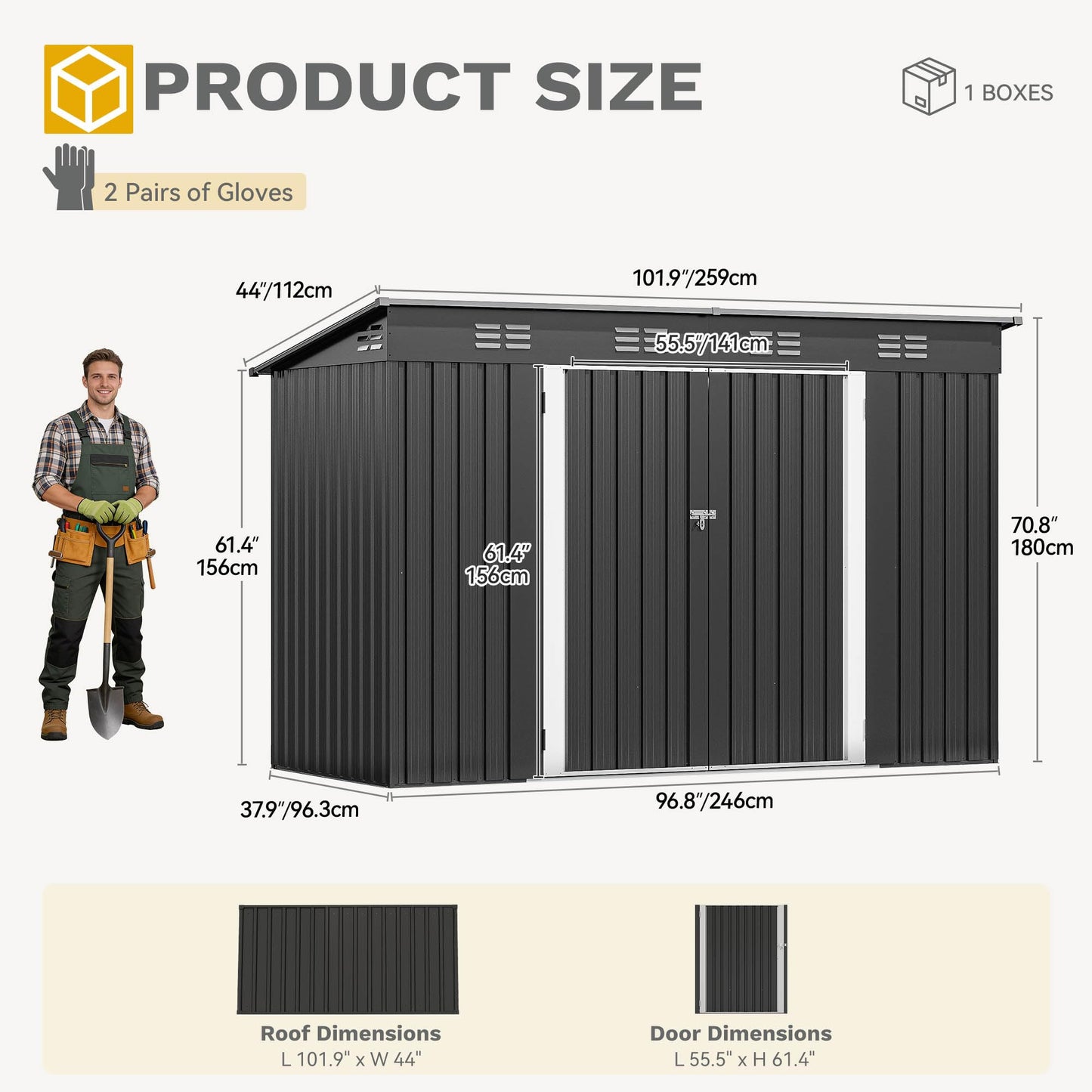 DWVO 9' x 4' Outdoor Storage Shed, Lockable Double Doors, Sloped Roof, Heavy-Duty Steel Shed for Garden & Patio, Large Backyard Tool Organizer, Dark Gray