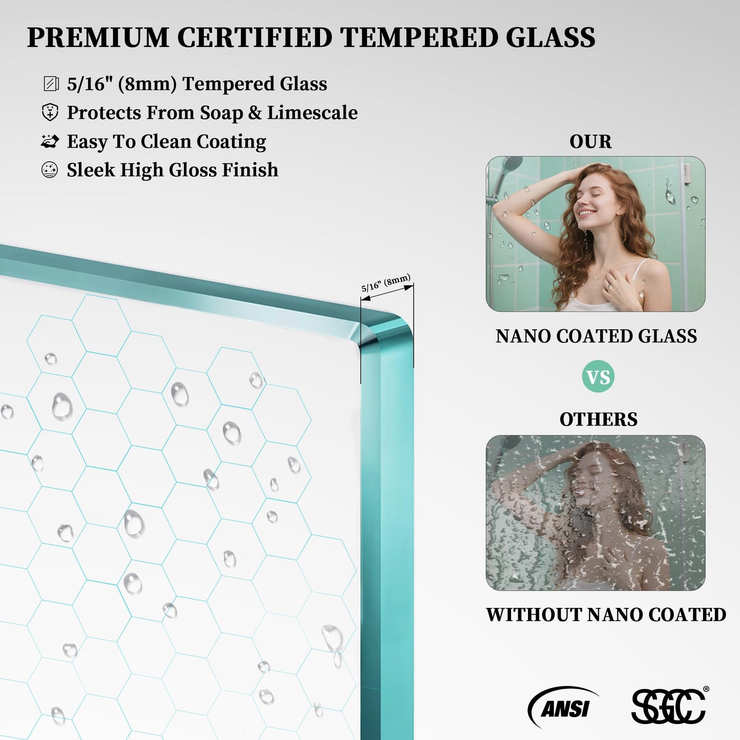 AquivaCoast 51.2-52" W x 74" H Hinged Swing Shower Door, Pivot Frameless Shower Door with 5/16"(8mm) Clear SGCC Tempered Glass, Magnetic Closing, Chrome