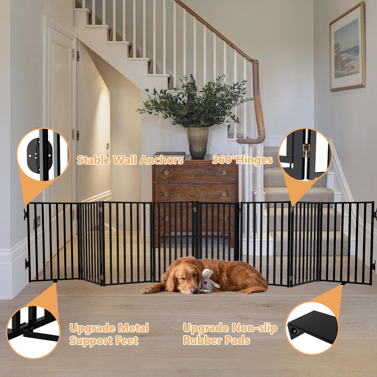 Full Metal Freestanding Dog Gates with Door, 32" Height Dog Fences for Indoor & Outdoor, Extra Wide Foldable Pet Gates for Stairs, Hallways, Doorways, Yard (8 Panels, 160" W × 32" H)