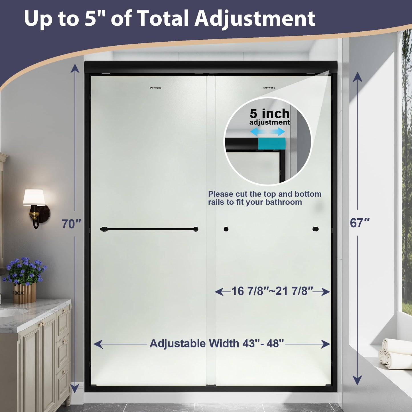 EASYWORC Double Sliding Shower Door, 43"-48" W x 70" H Semi-Frameless Frosted Shower Door, 1/4'' (6mm) Frosted SGCC Tempered Glass with Nano Coating and Explosion-Proof Film, Matte Black