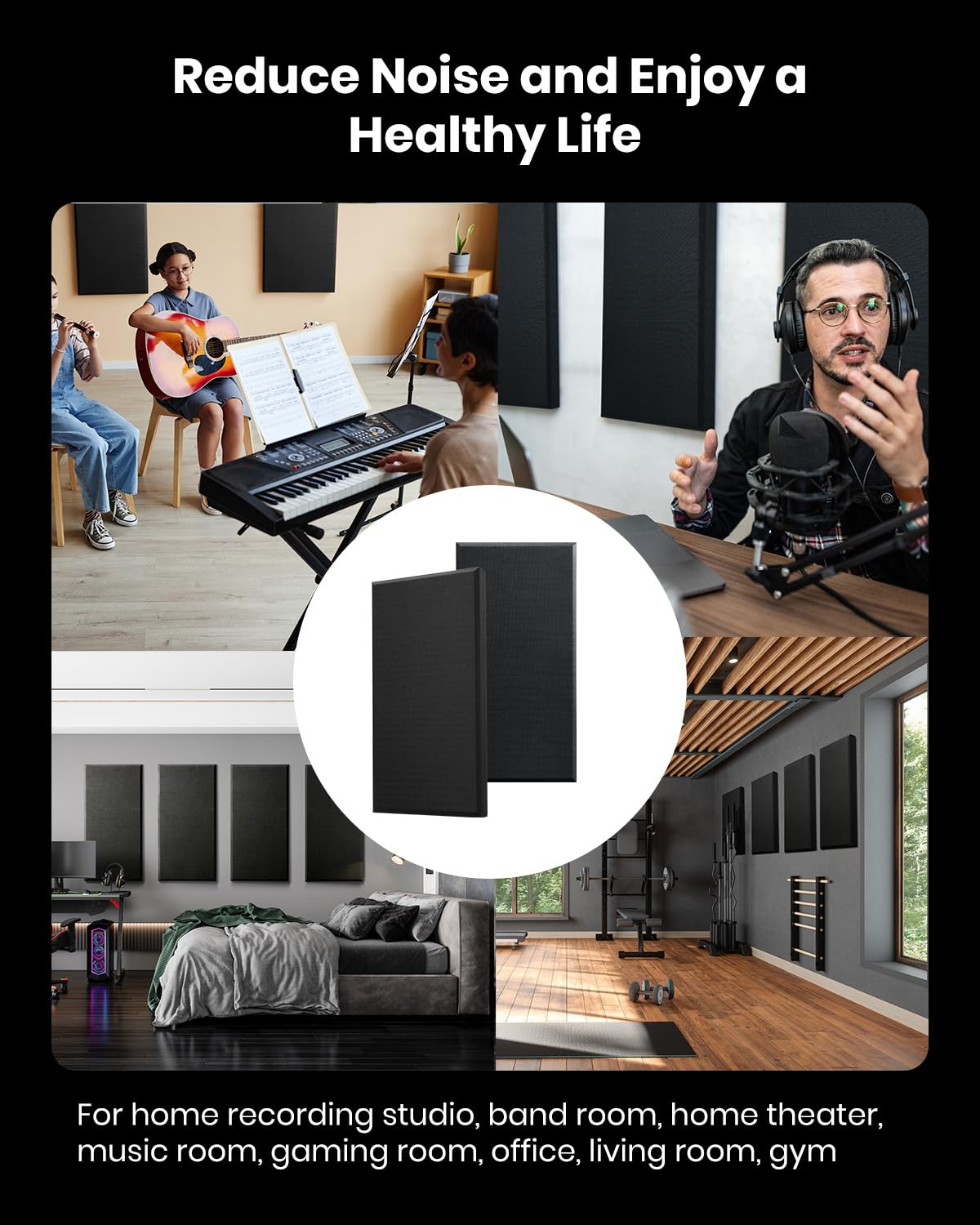 Moukey Acoustic Panels 4 PCS, 2.4“ Thick Fiberglass Soundproof Wall Panels 24''x12'', Self-adhesive Sound Absorbing Panels for Studios, Office, Home Theater (Black)