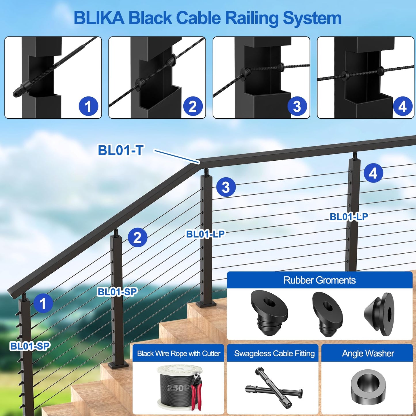 BLIKA 8FT Stainless Steel Cable Railing Handrail, Black Rectangular Handrail Flat Top Rail with End Caps for Deck Stair Cable Railing System, Deck Hand Rails for Indoor/Outdoor, BL01-T