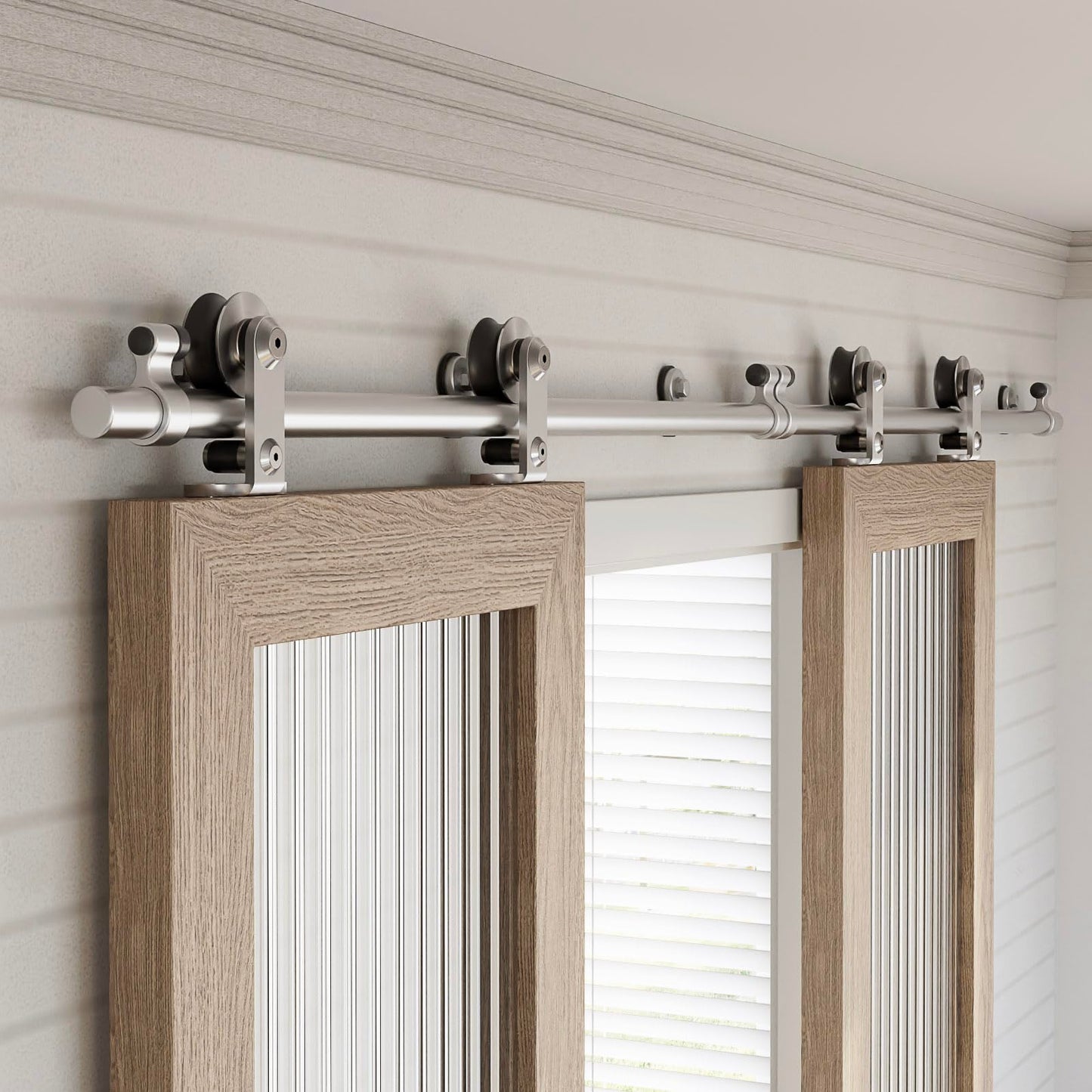 WINOVERCO 96"/8FT Top Mount Sliding Barn Door Hardware Kit Stainless Steel, Heavy Duty, Smoothly and Quietly, Barn Door Track Fit Max. 24.5"×2 Wide Double Door, Easy to Install (Panel not Included)