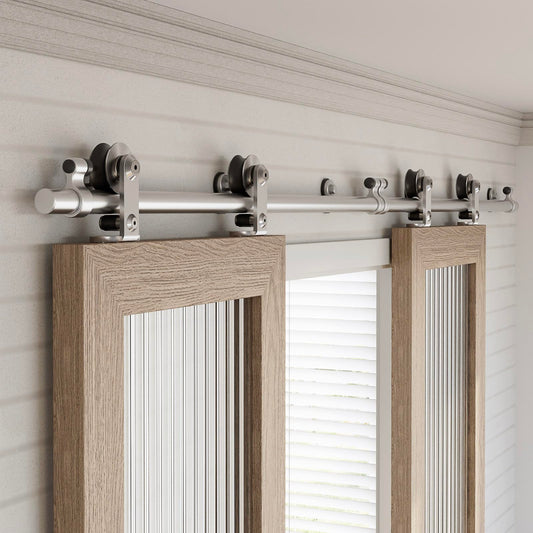 WINOVERCO 96"/8FT Top Mount Sliding Barn Door Hardware Kit Stainless Steel, Heavy Duty, Smoothly and Quietly, Barn Door Track Fit Max. 24.5"×2 Wide Double Door, Easy to Install (Panel not Included)