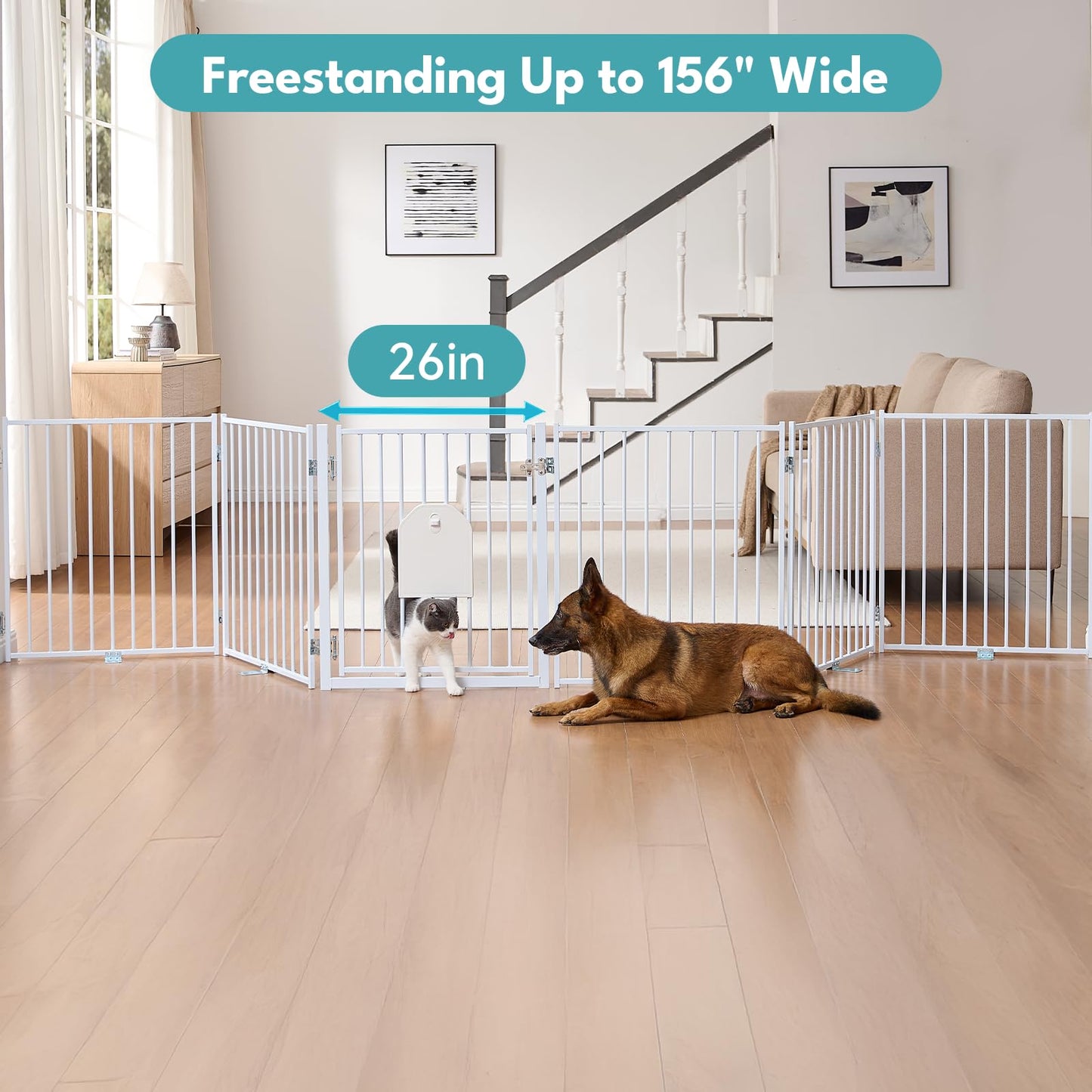 No Pawblems Free Standing Dog Gate with Cat Door, 30'' Tall Foldable Dog Fence for Indoor & Outdoor, Up to 156 Inch Extra Wide Puppy Gate for Stairs, Hallways, Doorways, Deck, Yard (White, 6 Panels)
