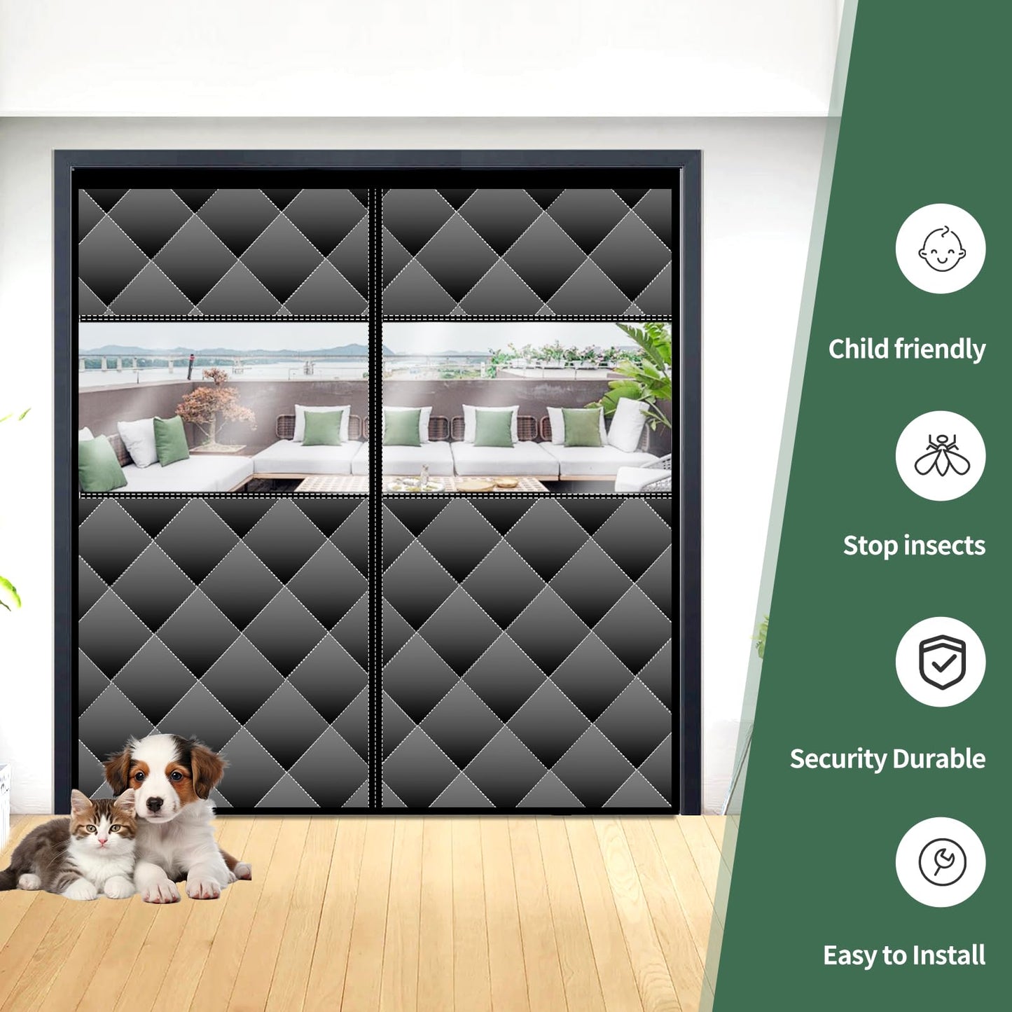 Magnetic Thermal Insulated Door Curtain with Visible Windows, Thicken Polyester Fiberfill & Durable Oxford Fabric, Hands Free Windproof Door Screen, Fit Doors Size Up to 72 x 80 Inch, Black