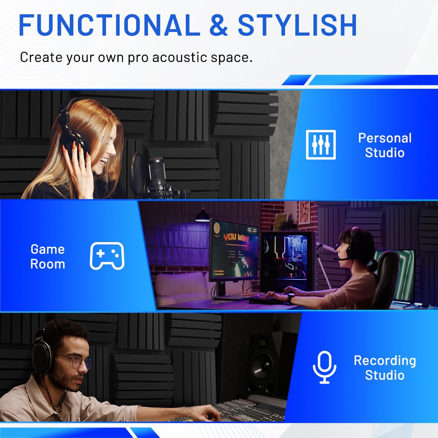 Focusound 24 Pack Curved Acoustic Foam Panels 3" x 12" x 12" Sound Proof Foam Panels Soundproofing Noise Cancelling Wedge Panels for Home Office Recoding Studio with 150 PCS Double-Side Adhesive