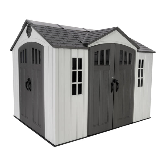 Lifetime Dual Entry Outdoor Storage Shed, 10x8 Ft, Gray, Resin Tool Shed with Double Doors