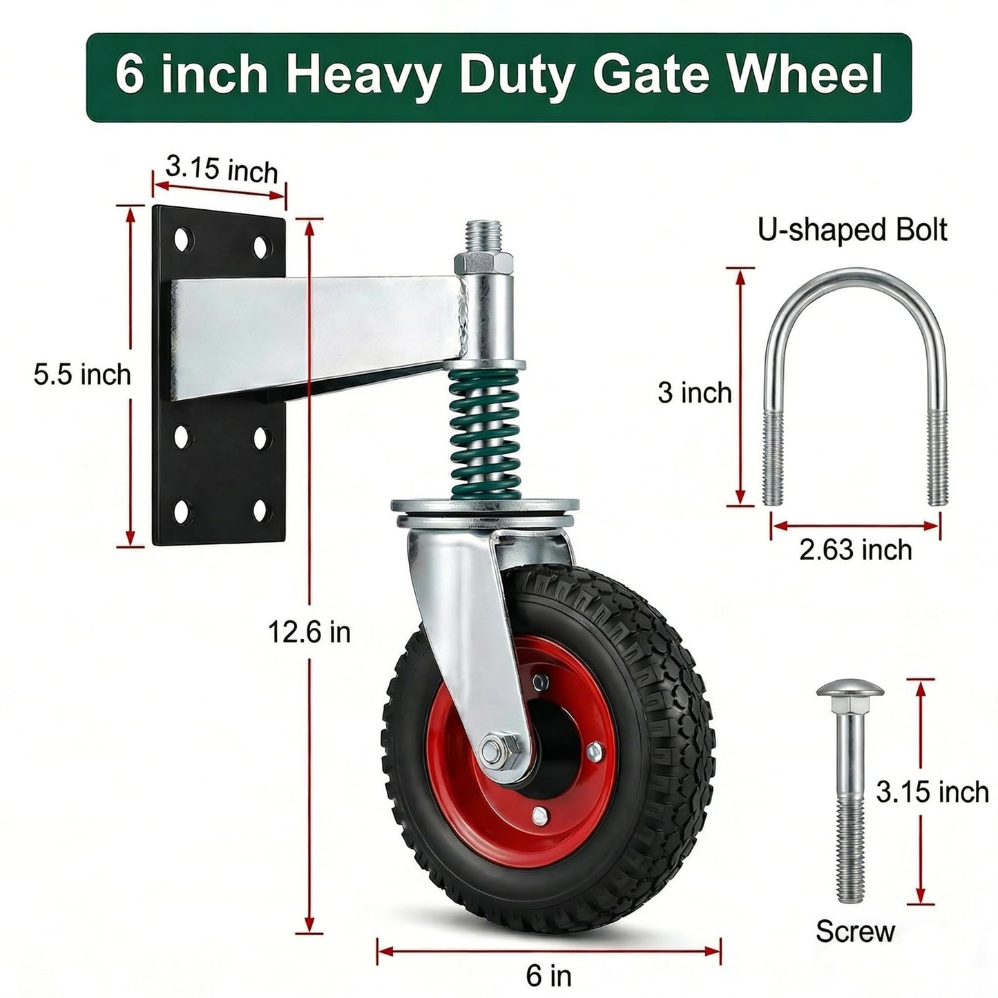 6 Inch Heavy Duty Gate Wheel, Spring Loaded 600 Lbs Capacity Gate Support Roller with 360° Swivel for Wooden Gate, Metal Tube Gate, Farm Gate & Driveway Gate, U-Bolt & Drill Mount Kit Included, 1 Pack