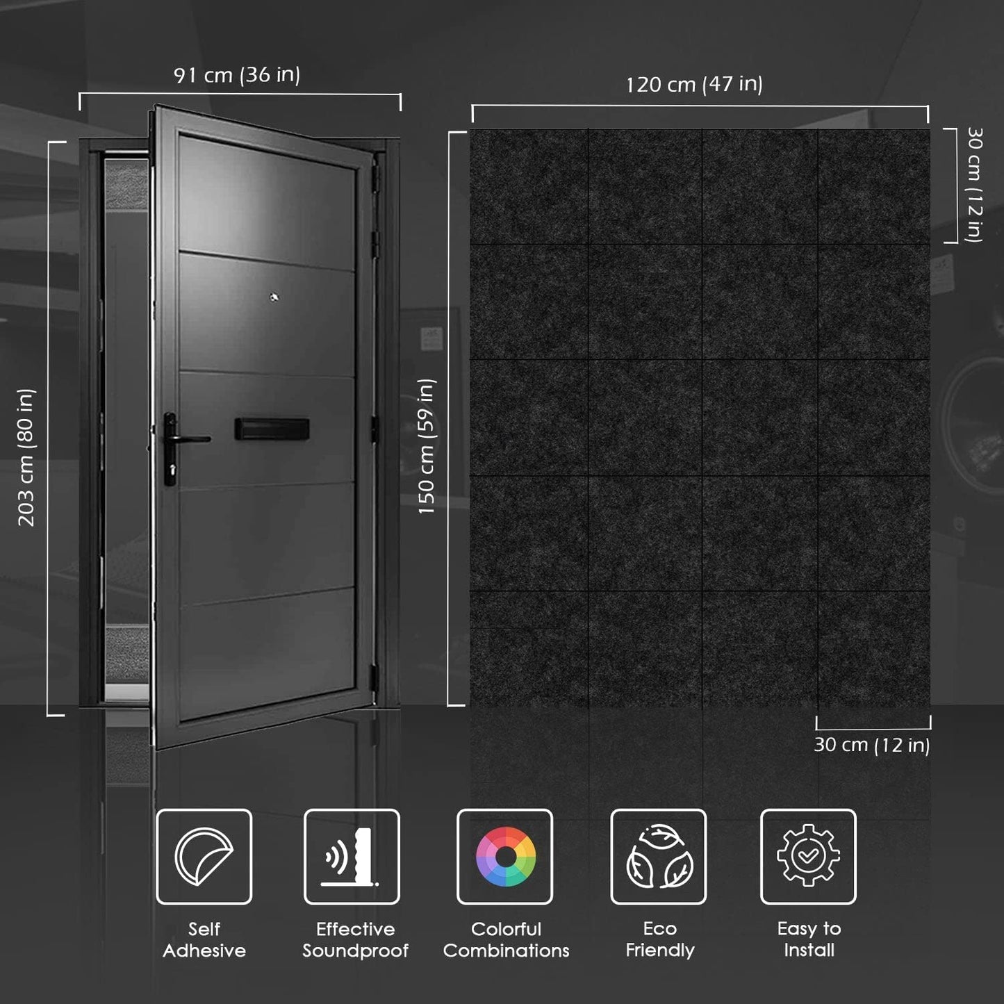 Arrowzoom Soundproof Door Kit PRO - 20pcs Black, High-Density Foam, Self-Adhesive, Sound Absorbing Panels 40dB Noise Reduction, 12x12x0.78in Sound Proof Panels for Door 1244
