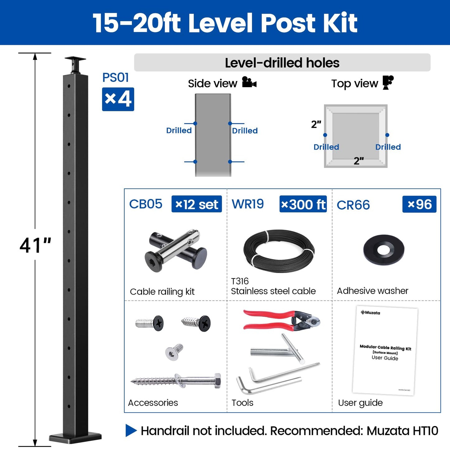 Muzata 15-20FT Modular Black Cable Railing Kit 42 Inch 4 Level Post Kit Complete Set Cable Railing System for Decks Length Adjustable Easy DIY with Paper User Guide (No Handrail) RWS1 BH4L