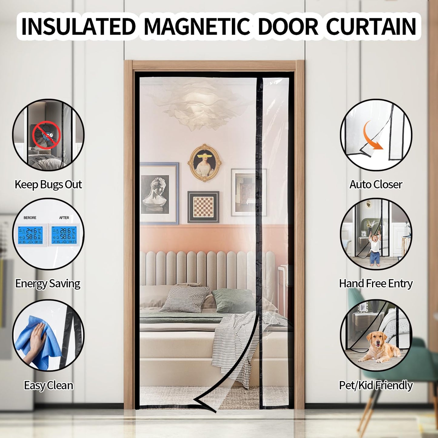 Transparent Reversible Left or Right Side Opening Insulated Door Curtain, Magnetic Thermal Door Cover Self-Closing Screen Door for Kitchen, Bedroom, Air Conditioner Room, Fits Doors up to 36" x 82"