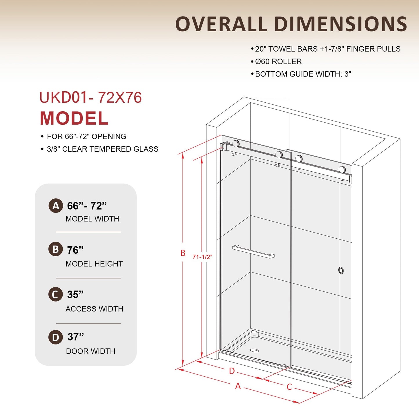 UKD01 66 to 72 in. W x 76 in. H Double Sliding Frameless Shower Doors - Stainless Steel 3/8" (10mm) Certified Tempered Glass 72x76-MBL