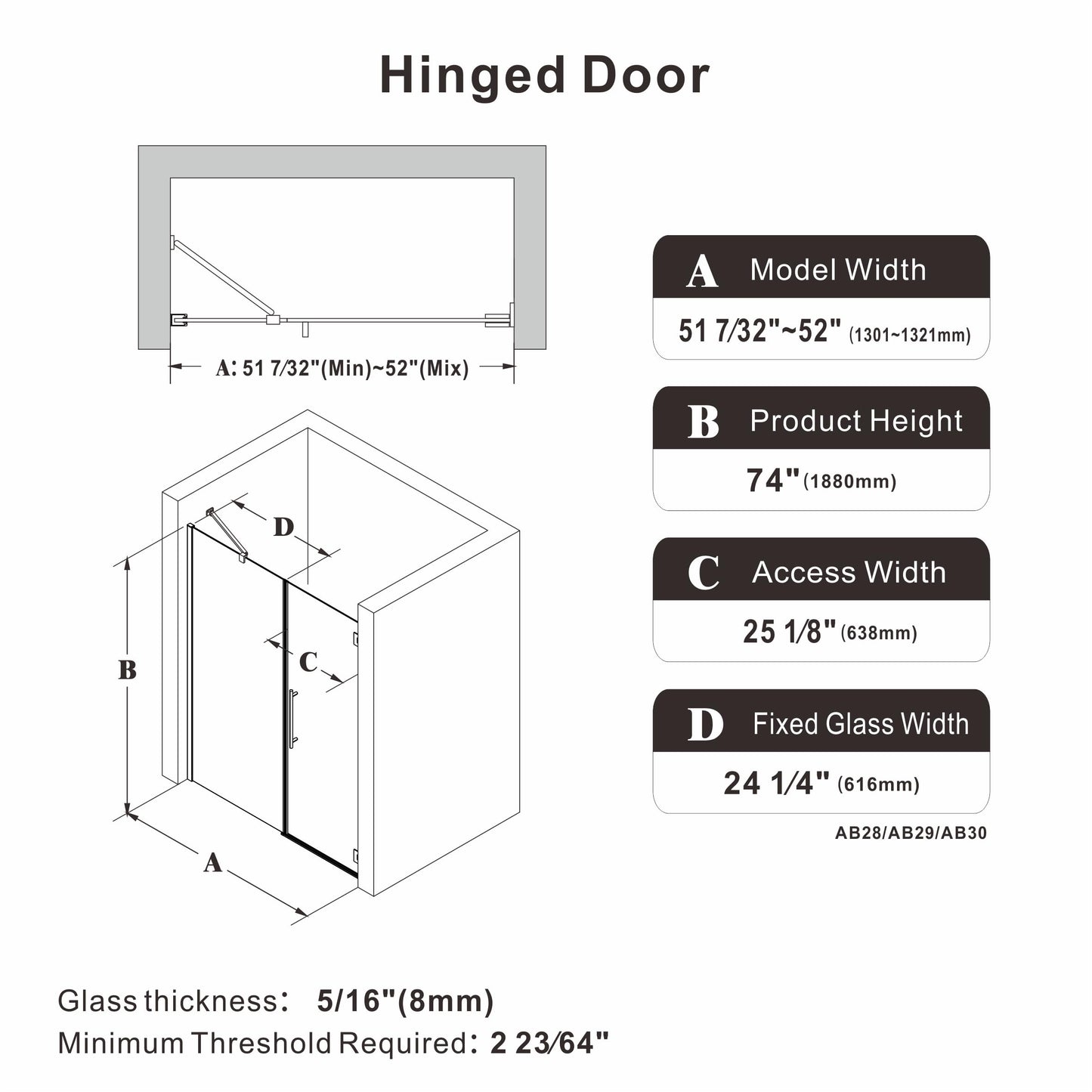 AquivaCoast 51.2-52" W x 74" H Hinged Swing Shower Door, Pivot Frameless Shower Door with 5/16"(8mm) Clear SGCC Tempered Glass, Magnetic Closing, Chrome